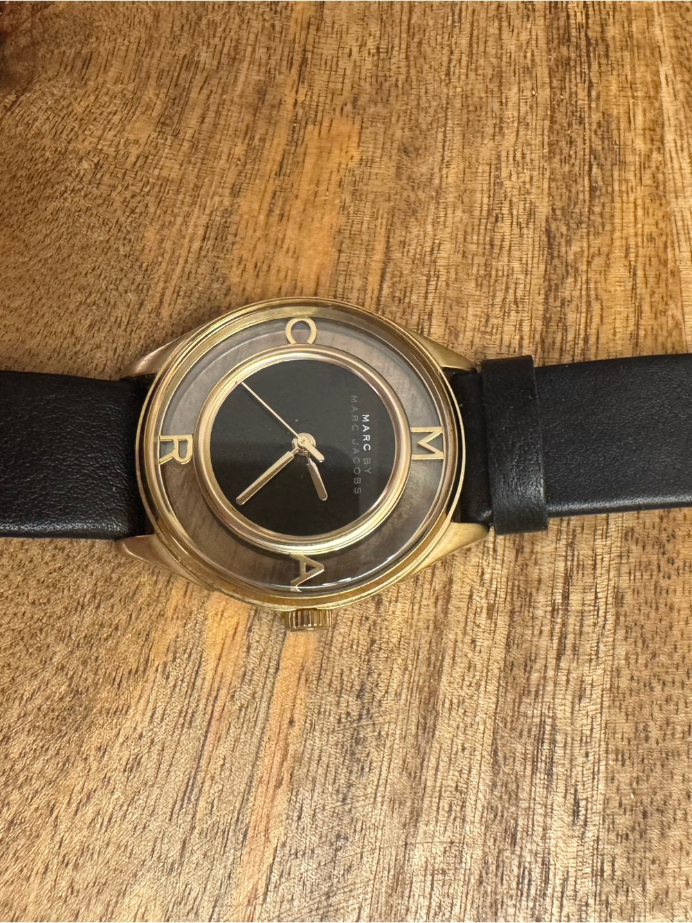 Marc Jacobs Black and Gold Logo Dial Leather Strap Watch